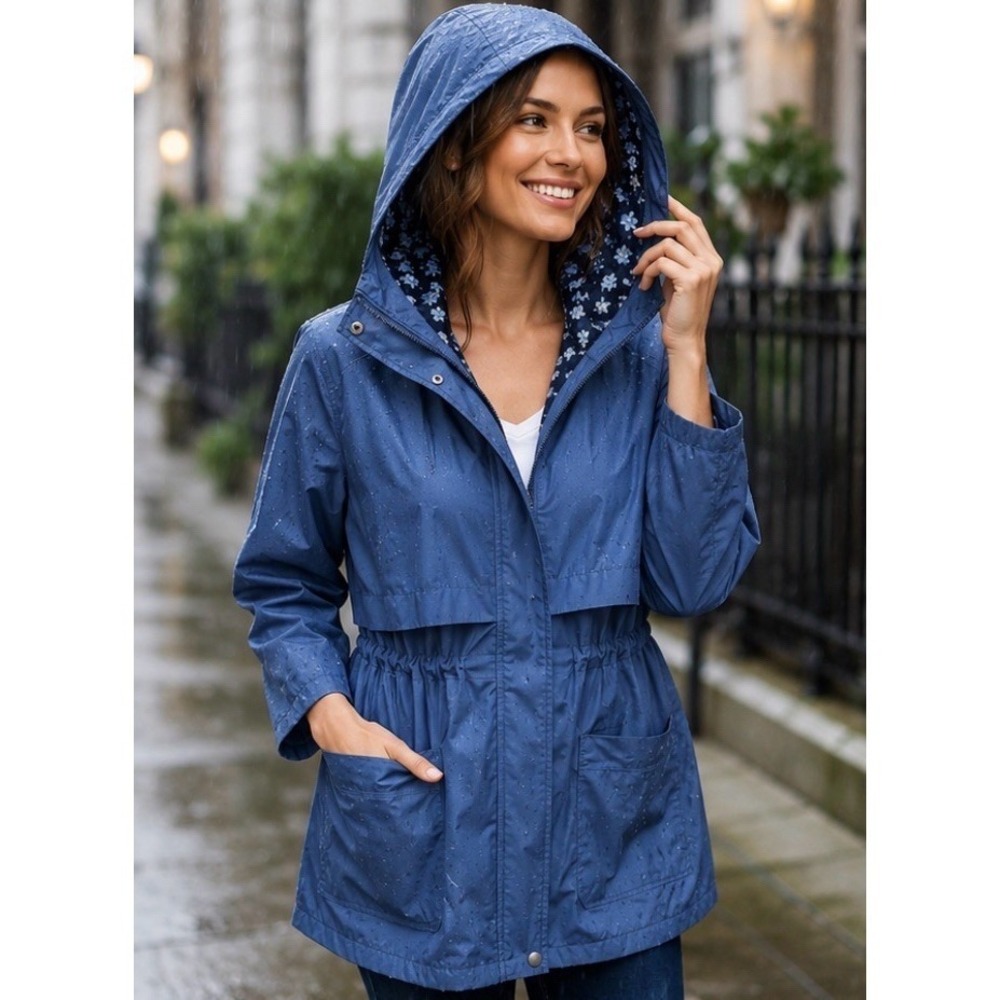 Misty Harbor Rain Jacket Women XL Blue Waterproof Hooded Packable Long old money